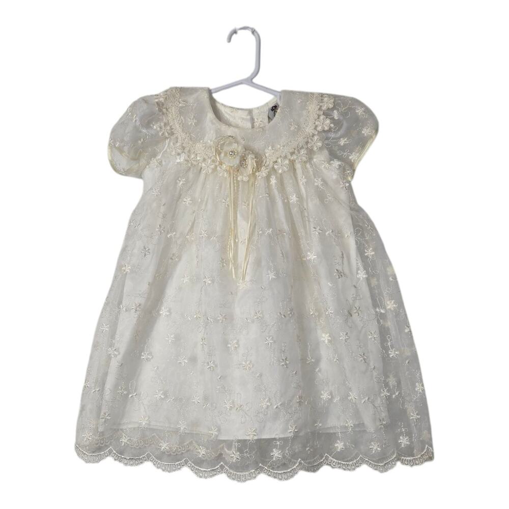 VTG Crayon Kids Dress Sz 24 Mo Ivory Chiffon Embroidered Lace Wedding Formal